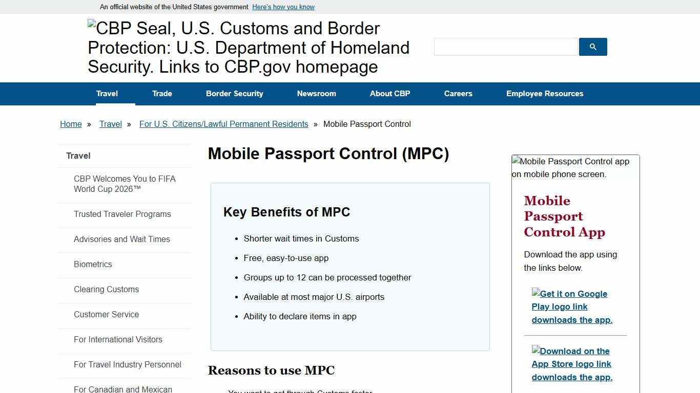 Mobile Passport Control (MPC) U.S. Customs and Border Protection